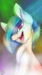 Size: 540x960 | Tagged: safe, artist:missclaypony, dj pon-3, vinyl scratch, pony, g4, eye clipping through hair, female, hair over one eye, looking at you, mare, missing accessory, missing horn, open mouth, rave, solo, vinyl missing her horn