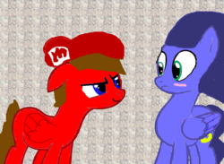 Size: 900x657 | Tagged: safe, artist:katierose45, artist:p-pulseeboomb, earth pony, pegasus, pony, base used, blushing, cap, crossover, hat, male, mario, mario & sonic, mario and sonic, mario's hat, nintendo, ponified, sega, sonic the hedgehog, sonic the hedgehog (series), story included, super mario bros.