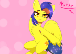 Size: 2004x1417 | Tagged: safe, artist:noviathon, oc, oc only, oc:mixi creamstar, pegasus, pony, art trade, chest fluff, cute, ethereal mane, galaxy mane, looking at you, piercing, smiling, solo