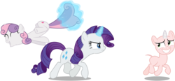 Size: 1735x804 | Tagged: safe, artist:deadparrot22, artist:fruft, artist:reginault, edit, edited edit, editor:slayerbvc, vector edit, rarity, sweetie belle, pony, unicorn, g4, blushing, chase, clothes, costume, cropped, female, filly, furless, furless edit, looking back, magic, mare, nude edit, nudity, pony costume, ponysuit, rarity is not amused, shaved, shaved tail, simple background, sisters, streaking, sweetie bald, sweetie belle suit, transparent background, unamused, vector
