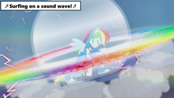Size: 1280x720 | Tagged: safe, dhx media, edit, edited screencap, screencap, rainbow dash, equestria girls, g4, guitar centered, my little pony equestria girls: rainbow rocks, allspark, allspark animation, allspark pictures, guitar, hasbro, hasbro studios, intro, lyrics, magic school bus, music notes, nelvana, opening credits, opening theme, scholastic, solo, song in the comments, song reference, sonic rainboom, text, text box, theme song, theme song in the comments, theme songs, theme songs in the comments, transformation, wildbrain