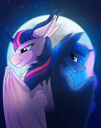 Size: 794x1007 | Tagged: safe, artist:klarapl, princess luna, twilight sparkle, alicorn, dragon, pony, g4, back to back, commission, dragonified, fanfic, fanfic art, fanfic cover, female, horn, implied lesbian, implied shipping, implied twiluna, mare, moon, night, species swap, stars, twilidragon, twilight sparkle (alicorn), wings