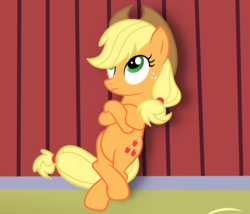 Size: 2153x1845 | Tagged: safe, artist:slb94, applejack, earth pony, pony, g4, bipedal, bipedal leaning, crossed arms, crossed legs, female, frown, leaning, looking up, mare, solo