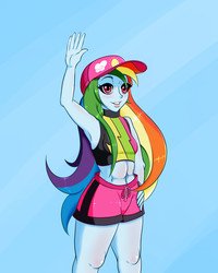 Size: 2000x2500 | Tagged: safe, artist:albertbm, rainbow dash, equestria girls, equestria girls series, forgotten friendship, g4, armpits, belly button, blue background, cap, clothes, female, hat, high res, midriff, simple background, smiling, solo, swimsuit