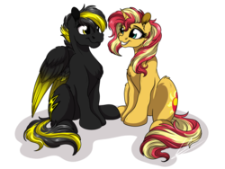 Size: 1920x1440 | Tagged: safe, artist:lupiarts, sunset shimmer, oc, pegasus, pony, unicorn, g4, cute, sitting, smiling