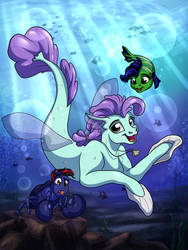 Size: 1920x2560 | Tagged: safe, artist:lupiarts, oc, oc only, oc:backsea, oc:lupi, bat pony, crab, fish, hippogriff, seapony (g4), bat pony oc, crabified, cute, digital art, ocean, seaponified, species swap, underwater, water