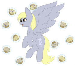 Size: 1024x908 | Tagged: safe, artist:calibykitty, derpy hooves, pegasus, pony, g4, bubble, cute, derp, derpabetes, female, floating muffins, flying, food, happy, mare, muffin, muffins in bubbles, simple background, solo, spread wings, white background