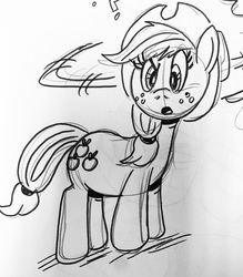 Size: 2756x3142 | Tagged: safe, artist:debmervin, applejack, earth pony, pony, g4, cute, exclamation point, female, high res, jackabetes, monochrome, question mark, sketch, solo, traditional art