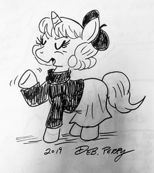 Size: 2502x2800 | Tagged: safe, artist:debmervin, oc, oc only, pony, unicorn, beatnik, beret, clothes, female, hat, high res, mare, monochrome, skirt, solo, traditional art