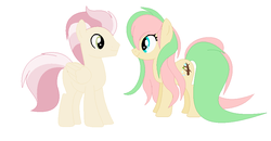 Size: 936x488 | Tagged: safe, artist:kaiimira, oc, oc only, oc:cream crepe, oc:pastel gumdrop, earth pony, pegasus, pony, brother and sister, female, male, mare, offspring, parent:fluttershy, parent:sandalwood, parents:sandalshy, siblings, simple background, stallion, white background