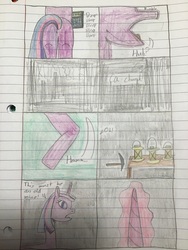 Size: 3264x2448 | Tagged: safe, artist:asiandra dash, rumble, twilight sparkle, pony, unicorn, comic:my little amnesia, g4, cave, high res, lined paper, mine, pencil drawing, rumbling, traditional art, unicorn twilight