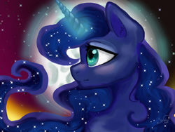 Size: 1280x960 | Tagged: safe, artist:wimsie, princess luna, alicorn, pony, g4, bust, female, full moon, glowing horn, horn, magic, mare, moon, portrait, solo