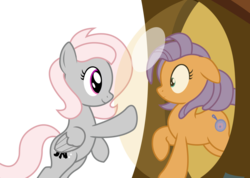 Size: 1390x990 | Tagged: safe, artist:darkstorm619, frying pan (g4), oc, oc only, oc:violet, earth pony, pegasus, pony, g4, bipedal, bipedal leaning, bubble, cute, duo, duo female, eye contact, female, floppy ears, frown, las pegasus resident, leaning, looking at each other, mare, ocbetes, one sided shipping, raised hoof, smiling, waifu machine, wide eyes