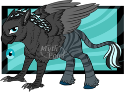 Size: 978x725 | Tagged: safe, artist:mythpony, oc, oc only, oc:token, classical hippogriff, hippogriff, hybrid, original species, zebra, zebragriff, hybrid oc, male, obtrusive watermark, solo, watermark