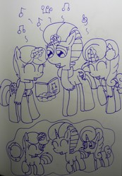 Size: 2992x4320 | Tagged: safe, artist:徐詩珮, fizzlepop berrytwist, glitter drops, spring rain, tempest shadow, pony, unicorn, g4, my little pony: the movie, ball, broken horn, clothes, eyes closed, female, filly glitter drops, filly spring rain, filly tempest shadow, horn, lesbian, lineart, magic, mare, polyamory, scarf, ship:glittershadow, ship:springdrops, ship:springshadow, ship:springshadowdrops, shipping, singing, traditional art, younger