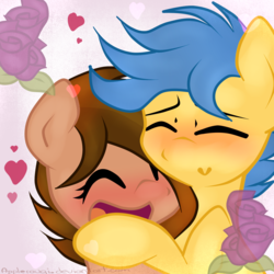 Size: 2000x2000 | Tagged: safe, artist:applerougi, oc, oc only, oc:chennie lye, oc:written shape, pegasus, pony, female, flower, high res, hug, male, mare, oc x oc, shipping, stallion, straight