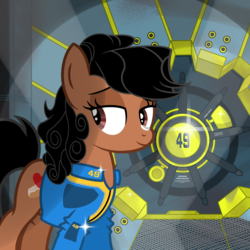 Size: 2500x2500 | Tagged: safe, artist:pizzamovies, oc, oc only, oc:huniebuns, earth pony, pony, fallout equestria, clothes, cutie mark, fallout, fallout 4, female, heart, high res, jumpsuit, mare, solo, stable-tec, vault, vault door, vault suit