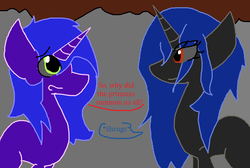 Size: 938x631 | Tagged: safe, artist:dazzlingmimi, prince blueblood, oc, oc only, oc:princess blueblood, oc:wild sketch, pony, fanfic:on a cross and arrow, tumblr:the sun has inverted, g4, blue hair, color change, crowd, dark gray coat, dark grey coat, darkened coat, darkened hair, female, inverted, inverted colors, inverted princess blueblood, inverted wild sketch, light green eye, mare, ponies in a crowd, red eye, rule 63, shrug, sidemouth, speech bubble, tumblr, unicorn oc, word bubble