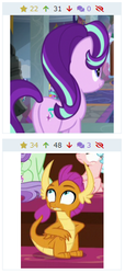 Size: 222x488 | Tagged: safe, cozy glow, smolder, starlight glimmer, derpibooru, g4, juxtaposition, meta