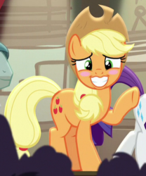 Size: 370x444 | Tagged: safe, screencap, applejack, on stage, rarity, g4, made in manehattan, applejack's hat, audience, bashful, blushing, cowboy hat, cropped, cutie mark, embarrassed, faic, female, hat, mare, raised hoof, showing teeth, solo focus, stetson, torn, waving