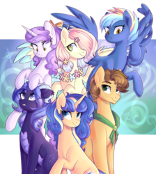 Size: 3223x3590 | Tagged: safe, artist:darlyjay, oc, oc only, oc:dazzle pin, oc:ginger gold, oc:glowing flower, oc:persephone, oc:sterling sentry, oc:west rain, dracony, earth pony, hybrid, pegasus, pony, unicorn, female, high res, interspecies offspring, mare, offspring, parent:applejack, parent:caramel, parent:discord, parent:flash sentry, parent:fluttershy, parent:pinkie pie, parent:pokey pierce, parent:rainbow dash, parent:rarity, parent:soarin', parent:spike, parent:twilight sparkle, parents:carajack, parents:discoshy, parents:flashlight, parents:pokeypie, parents:soarindash, parents:sparity