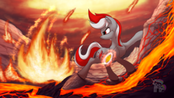 Size: 1440x810 | Tagged: safe, artist:calena, oc, oc only, elemental, elemental pony, pony, unicorn, commission, cutie mark, fire, jewelry, lava, magic, scenery, serious, serious face, signature, solo, ych result