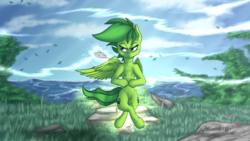 Size: 1440x810 | Tagged: safe, artist:calena, oc, oc only, oc:evergreen feathersong, elemental, elemental pony, pegasus, pony, commission, grass, jewelry, leaves, magic, scenery, serious, serious face, signature, solo, wind, ych result
