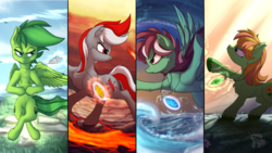 Size: 1440x810 | Tagged: safe, artist:calena, oc, oc only, oc:evergreen feathersong, oc:fire blossum, oc:northern star, earth pony, elemental, elemental pony, pegasus, pony, unicorn, commission, cutie mark, earth, fire, flower, gem, jewelry, lava, magic, rock, scenery, serious, serious face, signature, water, wave, ych result