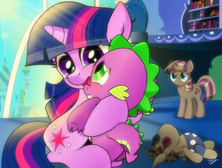 Size: 1032x779 | Tagged: safe, artist:dsana, smarty pants, spike, twilight sparkle, twilight velvet, dragon, g4, baby, baby dragon, baby spike, best friends, bookshelf, crying, cute, cutie mark, daughter, doll, female, filly, filly twilight sparkle, mare, mother, plushie, proud, smiling, spikelove, sun, sunlight, tears of joy, toy, twilight's canterlot home, younger