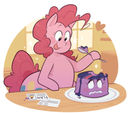 Size: 1810x1600 | Tagged: safe, artist:secretgoombaman12345, pinkie pie, twilight sparkle, earth pony, pony, g4, bipedal, blush sticker, blushing, chubby, fat, female, fetish, flan, food, food transformation, inanimate tf, mare, pinkie pred, pudding, pudgy pie, simple background, tongue out, transformation, transparent, transparent background, vore, wat