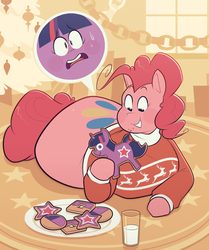 Size: 1696x2025 | Tagged: safe, artist:secretgoombaman12345, pinkie pie, twilight sparkle, deer, pony, reindeer, g4, balloonbutt, christmas, chubby, clothes, cookie, eating, fat, fat fetish, female, fetish, food, food transformation, forced smile, holiday, i have no mouth and i must scream, inanimate tf, milk, pinkie pred, smiling, sweat, sweatdrops, sweater, transformation, vore
