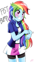 Size: 700x1250 | Tagged: safe, artist:tastyrainbow, rainbow dash, equestria girls, g4, ashleigh ball, blushing, clothes, compression shorts, crossover, cute, dashabetes, female, happy, male, miniskirt, moe, non-shipping, shorts, skirt, solo, song reference, sonic forces, sonic the hedgehog, sonic the hedgehog (series)