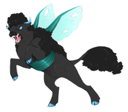 Size: 800x705 | Tagged: safe, artist:vindhov, oc, oc only, bison, buffalo, changeling, hybrid, blue eyes, changeling hybrid, cloven hooves, colored hooves, colored sclera, crack ship offspring, fangs, interspecies offspring, offspring, open mouth, parent:chief thunderhooves, parent:queen chrysalis, rearing, simple background, solo, transparent background, wings