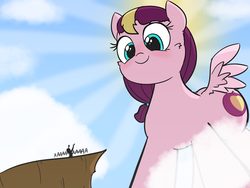 Size: 1600x1200 | Tagged: safe, artist:comfyplum, oc, oc:comfy plum, pony, blushing, cheek fluff, cliff, cloud, crepuscular rays, cute, giant pony, looking down, low angle, macro, micro, size difference, smiling, sun, wings