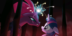 Size: 2522x1278 | Tagged: safe, artist:rebecca dart, tempest shadow, twilight sparkle, alicorn, pony, unicorn, g4, my little pony: the movie, the art of my little pony: the movie, broken horn, cage, confrontation, duo, female, horn, mare, sparking horn, twilight sparkle (alicorn)