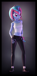 Size: 3840x7800 | Tagged: safe, artist:imafutureguitarhero, oc, oc only, unicorn, anthro, plantigrade anthro, 3d, absurd resolution, adidas, androgynous, anthro oc, arm fluff, bandage, belly button, body fluff, border, cheek fluff, chromatic aberration, clothes, colored eyebrows, film grain, fingerless gloves, fluffy, fur, gloves, gradient background, hand on hip, hands on thighs, horn, leg fluff, lip bite, midriff, multicolored hair, multicolored mane, multicolored tail, nose wrinkle, pants, shoes, signature, sleeveless, smiling, smirk, socks, source filmmaker, tank top, trackpants, windswept tail, wrist wraps