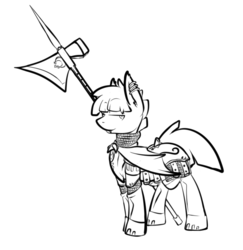 Size: 694x714 | Tagged: safe, artist:cantershirecommons, oc, bat pony, pony, armor, fangs, halberd, weapon