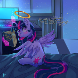Size: 3000x3000 | Tagged: safe, artist:xjenn9, twilight sparkle, alicorn, pony, g4, bed, blushing, book, cheek fluff, colored pupils, computer, cute, cyrillic, dialogue, ear fluff, female, halo, high res, levitation, magic, russian, smiling, solo, spread wings, telekinesis, translated in the comments, twiabetes, twilight sparkle (alicorn), wings