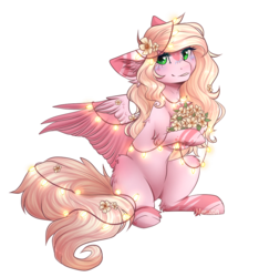 Size: 902x964 | Tagged: safe, artist:monogy, oc, oc only, oc:hanalea, pegasus, pony, female, flower, flower in hair, looking at you, mare, simple background, sitting, solo, transparent background, two toned wings