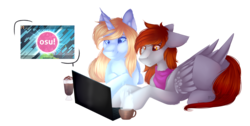 Size: 2613x1320 | Tagged: safe, artist:mauuwde, oc, oc only, oc:crystal summer, oc:fiery glow, pegasus, pony, computer, female, laptop computer, mare, prone