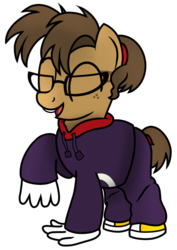 Size: 786x1110 | Tagged: safe, artist:toyminator900, oc, oc only, oc:binky, hybrid, pony, zony, clothes, freckles, glasses, gloves, hoodie, pants, rayman, scrunchie, shoes, solo