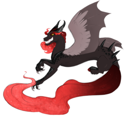 Size: 800x762 | Tagged: safe, artist:vindhov, oc, oc only, oc:blood moon, draconequus, pony, antagonist, black and red, ethereal eyebrows, ethereal mane, hybrid wings, interspecies offspring, offspring, parent:discord, parent:nightmare moon, parents:nightmarecord, simple background, solo, transparent background