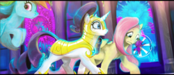 Size: 1920x828 | Tagged: safe, artist:roda11, fluttershy, rainbow dash, rarity, pegasus, pony, unicorn, g4, season 9, sparkle's seven, armor, armorarity, blue eyes, blue mane, canterlot, canterlot castle, female, flying, folded wings, green eyes, hallway, hoof shoes, horn, looking at something, looking back, looking down, mare, multicolored hair, mural, pillar, pink eyes, pink mane, royal guard, royal guard armor, royal guard rarity, stained glass, trio, walking, window, wings, worried