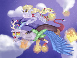 Size: 1024x768 | Tagged: safe, artist:cha-squared, derpy hooves, discord, pony, g4, cute, flying, hearth's warming eve, magic, night, present, red nose