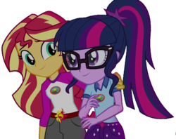 Size: 2048x1626 | Tagged: safe, edit, edited screencap, editor:php77, screencap, sci-twi, sunset shimmer, twilight sparkle, equestria girls, g4, my little pony equestria girls: legend of everfree, background removed, camp everfree outfits, duo, duo female, female, hand on shoulder, not a vector, simple background, transparent background