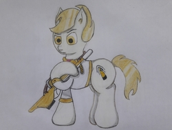 Size: 4063x3072 | Tagged: safe, artist:juani236, oc, oc only, oc:golden baügllet, earth pony, pony, clothes, gold hair, gun, looking at you, rifle, sniper, sniper rifle, solo, suit, traditional art, weapon, white suit