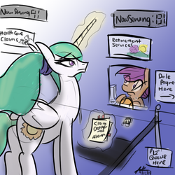 Size: 1024x1024 | Tagged: safe, artist:mrasianhappydude, princess celestia, scootaloo, alicorn, pegasus, pony, g4, 2014, bank, butt tail, cashier, duo, female, hilarious in hindsight, mare, paperwork, ponytail, retirement