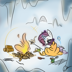 Size: 1024x1024 | Tagged: safe, artist:mrasianhappydude, rarity, pony, unicorn, g4, atg 2014, blanket, bonfire, campfire, canned food, cave, female, fire, food, freezing, glowing horn, horn, marshmallow, solo, winter