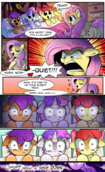 Size: 1800x2942 | Tagged: safe, artist:candyclumsy, apple bloom, fluttershy, scootaloo, sweetie belle, twilight sparkle, earth pony, pegasus, pony, unicorn, g4, stare master, bed, bloodshot eyes, butt, comic, cutie mark crusaders, derp, female, filly, floppy ears, flutterrage, hush now quiet now, mare, messy mane, plot, quiet, singing, thousand yard stare, twilight snapple
