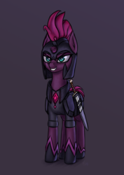 Size: 2894x4093 | Tagged: safe, artist:koshakevich, idw, tempest shadow, pony, g4, nightmare knights, spoiler:comic, armor, broken horn, eye scar, female, horn, maelstrom shade, mare, scar, simple background, solo, sword, weapon